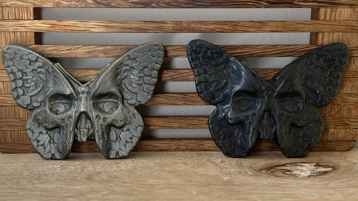 Golden Sheen Obsidian Butterfly Skull (Darker) Flat Carving (1 carving)