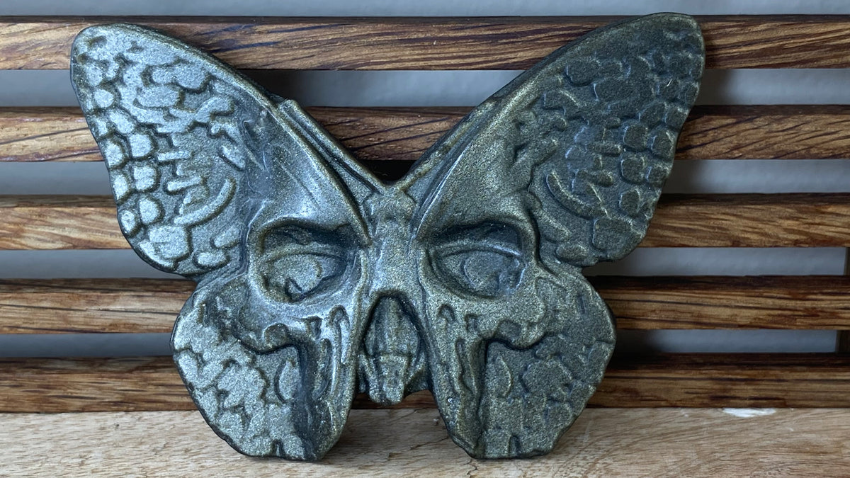 Golden Sheen Obsidian Butterfly Skull (Lighter) Flat Carving (1 carving)