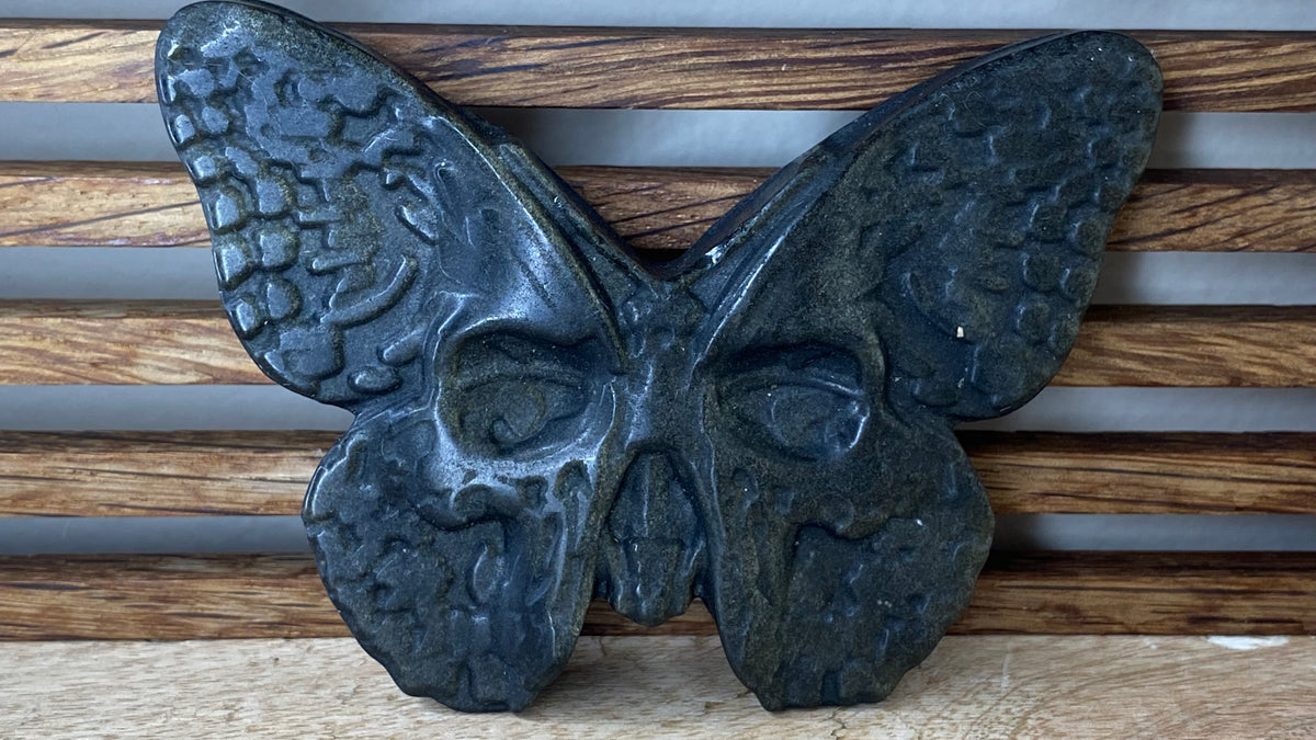 Golden Sheen Obsidian Butterfly Skull (Darker) Flat Carving (1 carving)