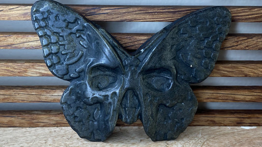 Golden Sheen Obsidian Butterfly Skull (Darker) Flat Carving (1 carving)